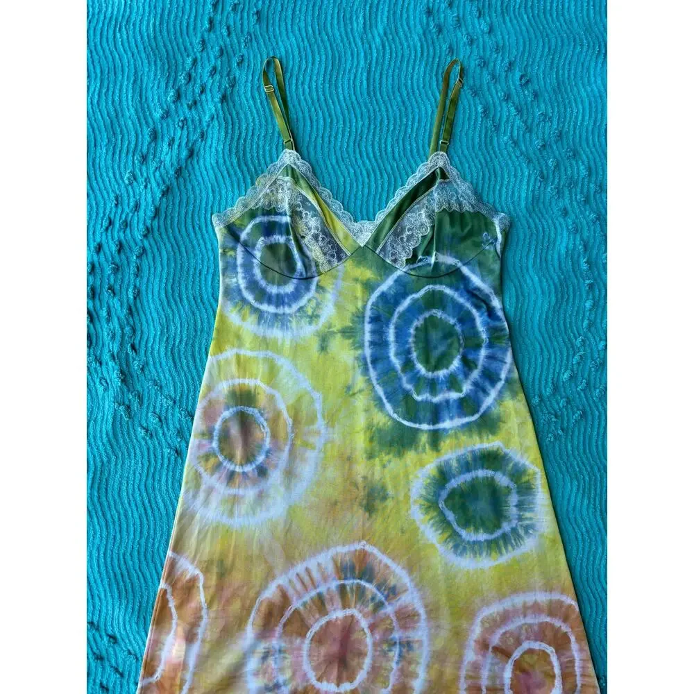 Hand Dyed Vintage Rainbow Multi Color Shibori Dye Slip Dress Reworked Loungewear